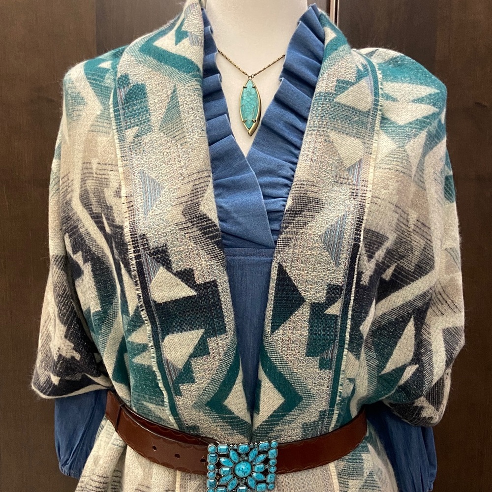 Geometric Patterned Shawl in teal, dark blue, and gray. - Picture 3 of 7